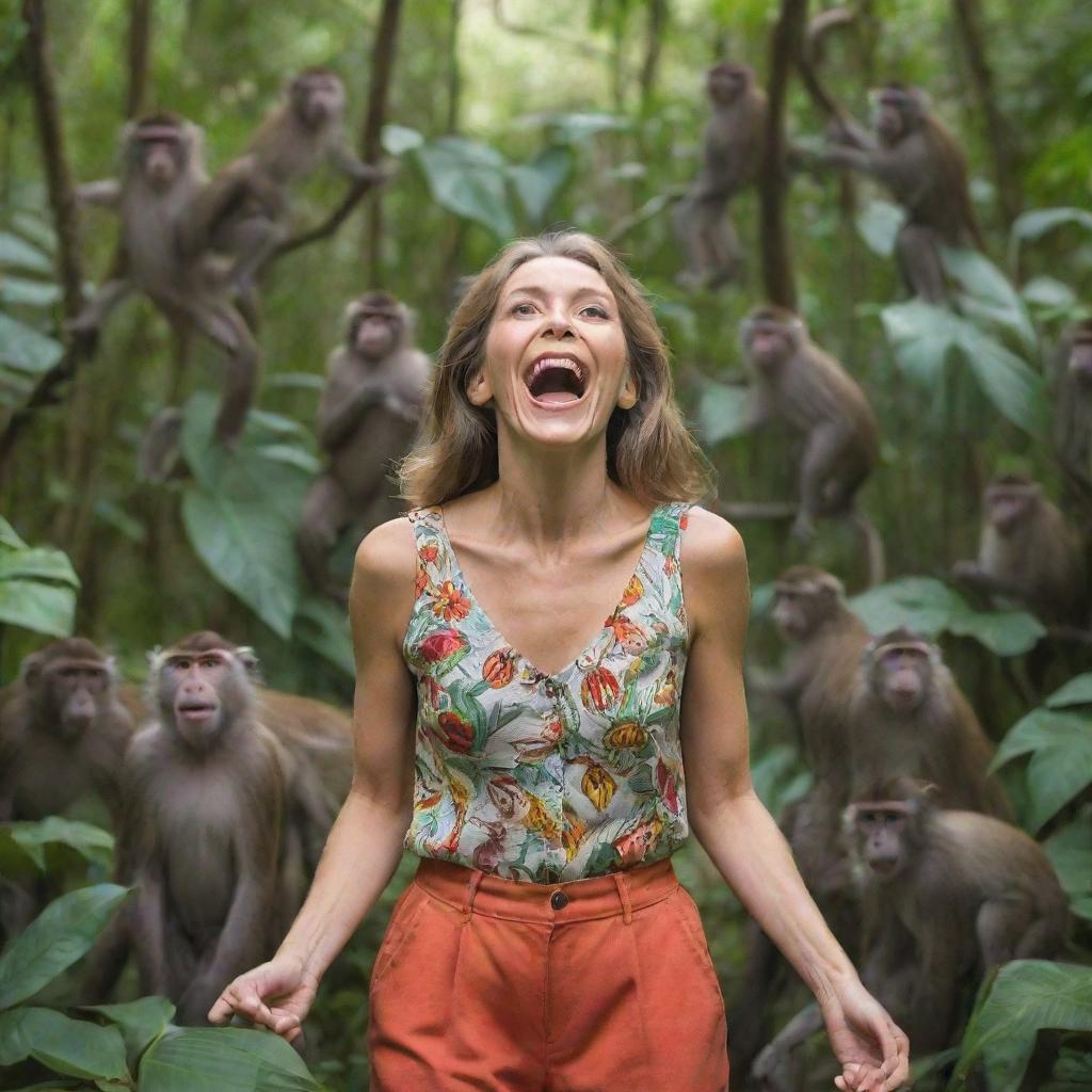 A joyful woman surrounded by a playful troupe of various species of monkeys in a vibrant jungle setting.