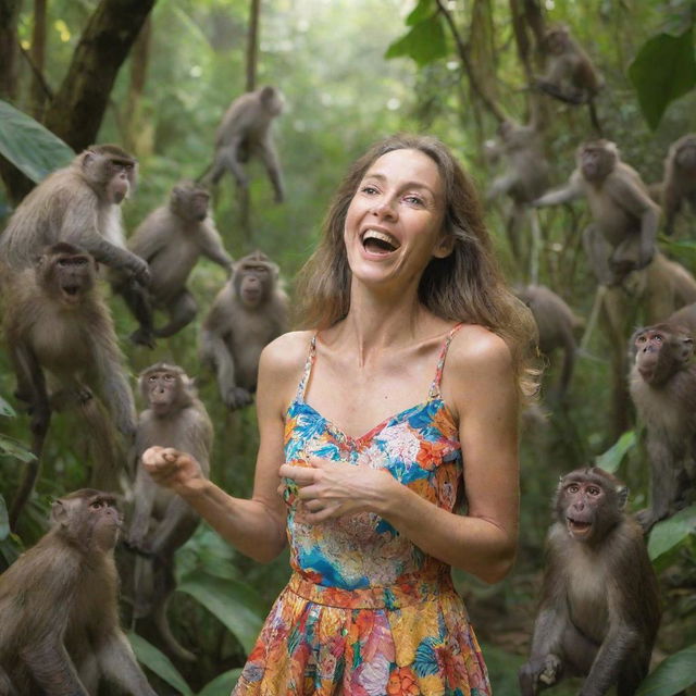 A joyful woman surrounded by a playful troupe of various species of monkeys in a vibrant jungle setting.