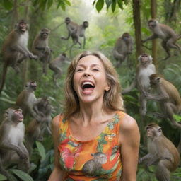 A joyful woman surrounded by a playful troupe of various species of monkeys in a vibrant jungle setting.