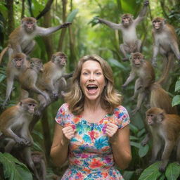 A joyful woman surrounded by a playful troupe of various species of monkeys in a vibrant jungle setting.