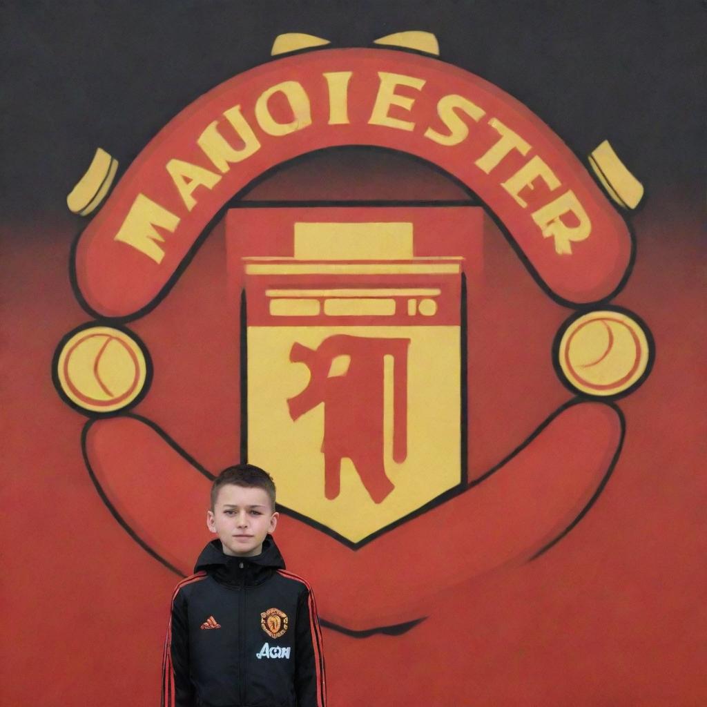 A young boy standing proudly next to a large, expertly rendered Manchester United logo.