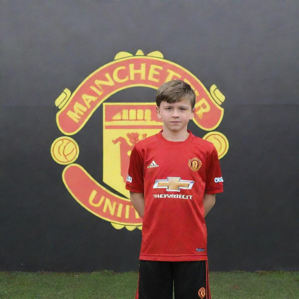 A young boy standing proudly next to a large, expertly rendered Manchester United logo.