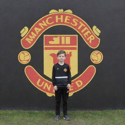 A young boy standing proudly next to a large, expertly rendered Manchester United logo.