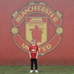 A young boy standing proudly next to a large, expertly rendered Manchester United logo.