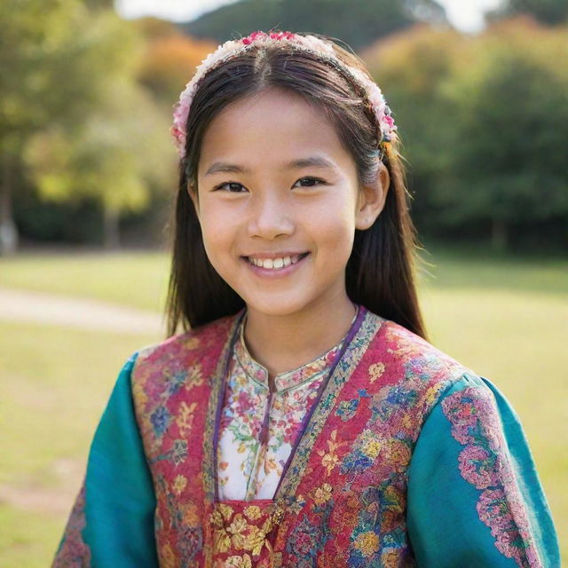 Portrait of a young Asian girl smiling, with traditional attire, in a peaceful and colourful outdoor setting