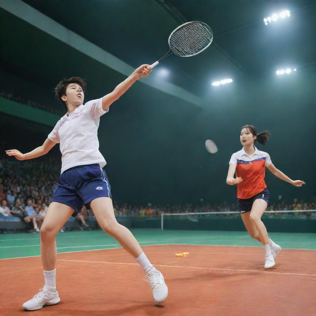 A dynamic anime-style scene of a high-intensity badminton match. The characters are in mid-action, the shuttlecock is flying, and the ambiance is filled with energy and excitement.