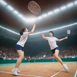 A dynamic anime-style scene of a high-intensity badminton match. The characters are in mid-action, the shuttlecock is flying, and the ambiance is filled with energy and excitement.