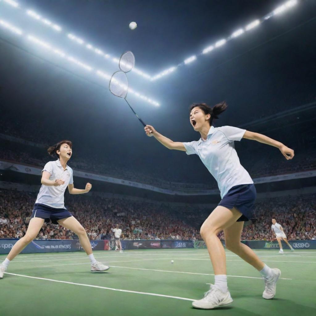 A dynamic anime-style scene of a high-intensity badminton match. The characters are in mid-action, the shuttlecock is flying, and the ambiance is filled with energy and excitement.