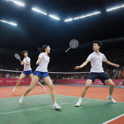 A dynamic anime-style scene of a high-intensity badminton match. The characters are in mid-action, the shuttlecock is flying, and the ambiance is filled with energy and excitement.