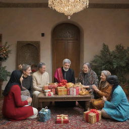 Celebratory scene for the arrival of a new member with festive decorations, gifts, and people sharing joyous moments against a backdrop of traditional Persian design elements.