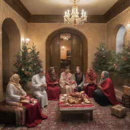 Celebratory scene for the arrival of a new member with festive decorations, gifts, and people sharing joyous moments against a backdrop of traditional Persian design elements.