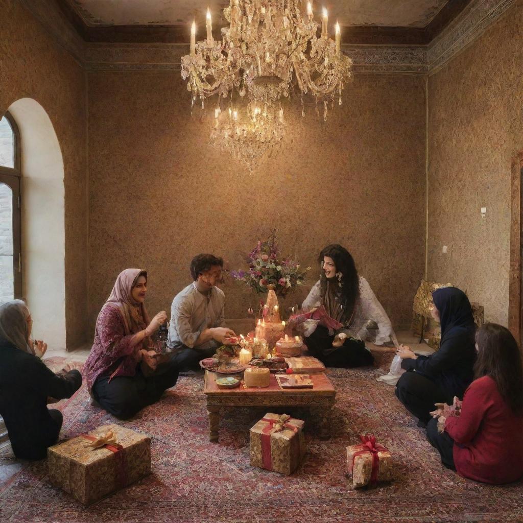 Celebratory scene for the arrival of a new member with festive decorations, gifts, and people sharing joyous moments against a backdrop of traditional Persian design elements.