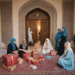 Celebratory scene for the arrival of a new member with festive decorations, gifts, and people sharing joyous moments against a backdrop of traditional Persian design elements.