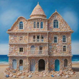 A unique, colorful painting of a building constructed entirely from diverse, intricately arranged sea shells.