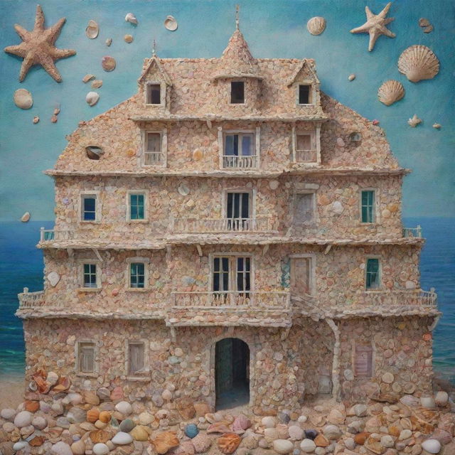 A unique, colorful painting of a building constructed entirely from diverse, intricately arranged sea shells.