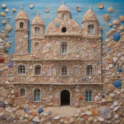 A unique, colorful painting of a building constructed entirely from diverse, intricately arranged sea shells.