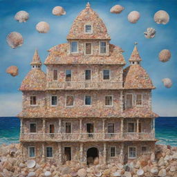 A unique, colorful painting of a building constructed entirely from diverse, intricately arranged sea shells.