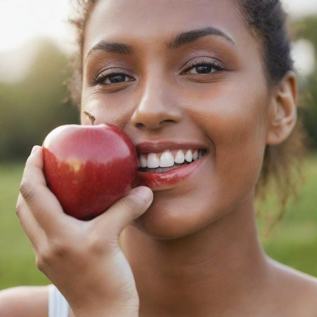 A detailed image of a human happily eating a shiny, red apple with a serene background.