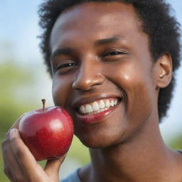 A detailed image of a human happily eating a shiny, red apple with a serene background.