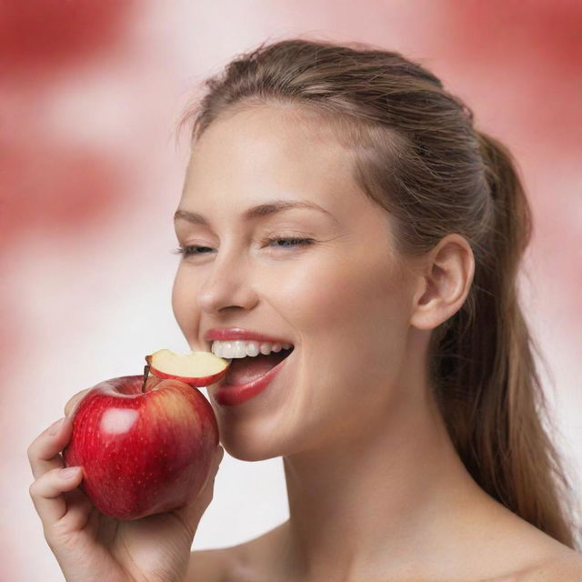 A detailed image of a human happily eating a shiny, red apple with a serene background.