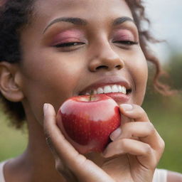 A detailed image of a human happily eating a shiny, red apple with a serene background.