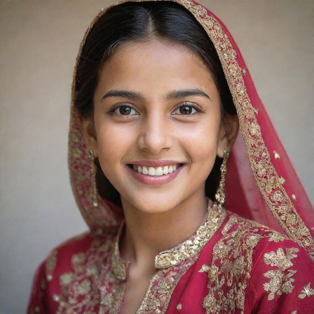 A portrait of a young Pakistani girl with glowing skin, sparkling eyes and a vibrant smile. She is elegantly dressed in a traditional shalwar kameez with intricate embroidery.