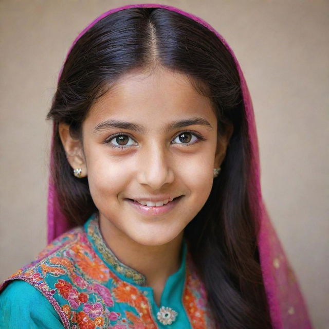 A youthful portrait of a Pakistani girl. She is seen with bright, gleaming eyes and an innocent smile. She is wearing a colorful, traditional Pakistani shalwar kameez with delicate embroidery.