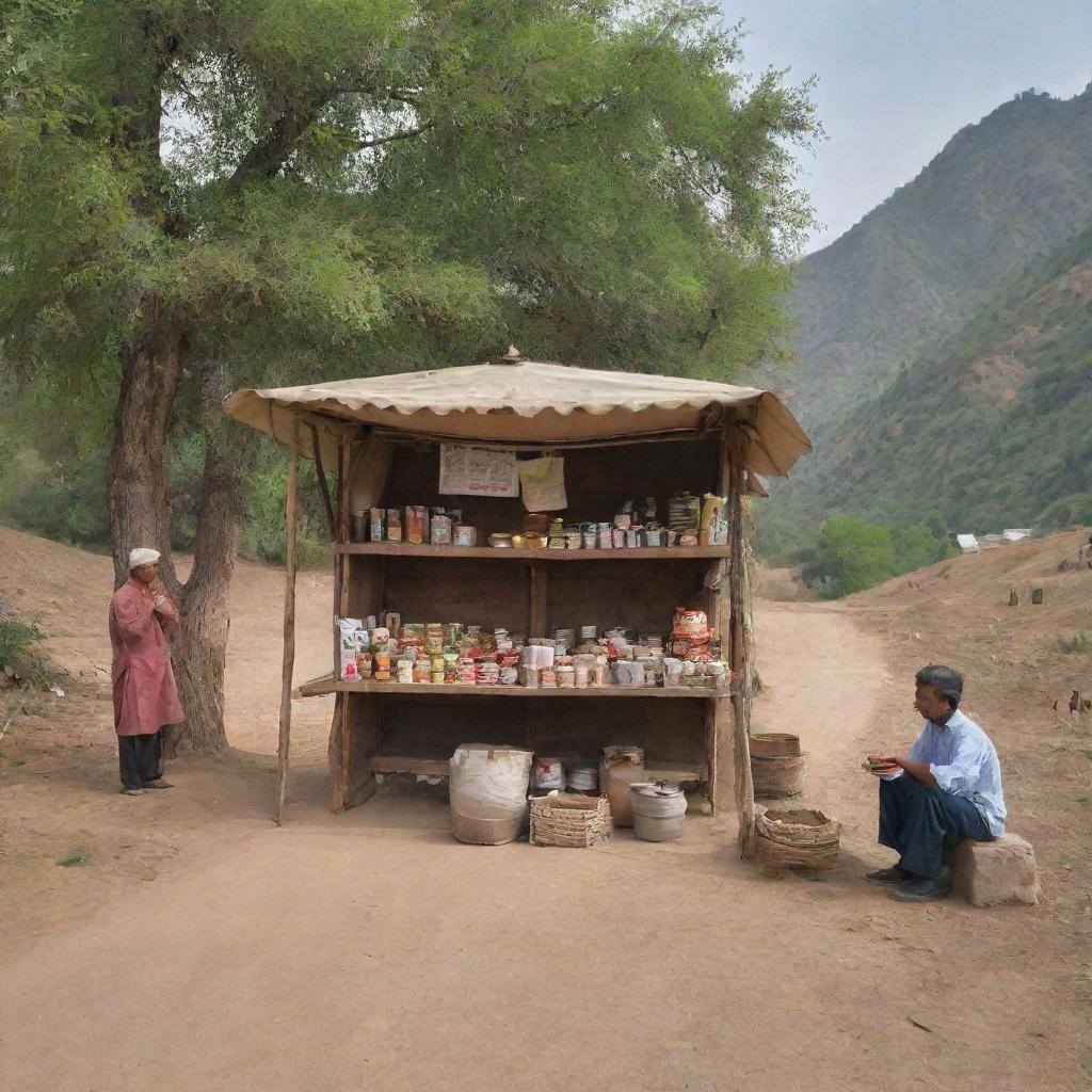 A traditional tea stall nestled in the rural outskirts of Pakistan, adorned with cultural artifacts and the scenic beauty of its rural surroundings, bustling with local life.