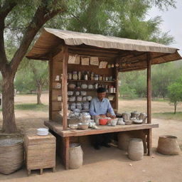 A traditional tea stall nestled in the rural outskirts of Pakistan, adorned with cultural artifacts and the scenic beauty of its rural surroundings, bustling with local life.