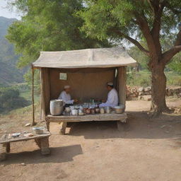 A traditional tea stall nestled in the rural outskirts of Pakistan, adorned with cultural artifacts and the scenic beauty of its rural surroundings, bustling with local life.