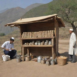 A traditional tea stall nestled in the rural outskirts of Pakistan, adorned with cultural artifacts and the scenic beauty of its rural surroundings, bustling with local life.