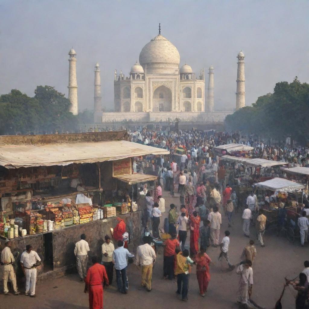 A bustling tea stall situated in the crowded area of Delhi, with the stunning Taj Mahal magnificently visible in the background.