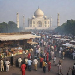 A bustling tea stall situated in the crowded area of Delhi, with the stunning Taj Mahal magnificently visible in the background.