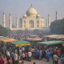 A bustling tea stall situated in the crowded area of Delhi, with the stunning Taj Mahal magnificently visible in the background.