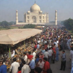 A bustling tea stall situated in the crowded area of Delhi, with the stunning Taj Mahal magnificently visible in the background.