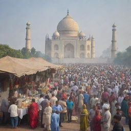 A bustling tea stall situated in the crowded area of Delhi, with the stunning Taj Mahal magnificently visible in the background.