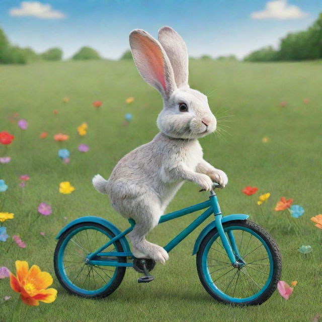 A cartoony image of a cute rabbit riding a colorful bicycle in a green grassy field.