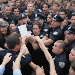 A commotion of people in a crowd fervently reaching and struggling to grab a single piece of paper, with law enforcement officers observing intently in the background.