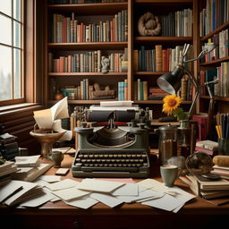 A cozy writer's room filled with books, typewriter on a wooden desk, overflowing with notes and a hot cup of coffee