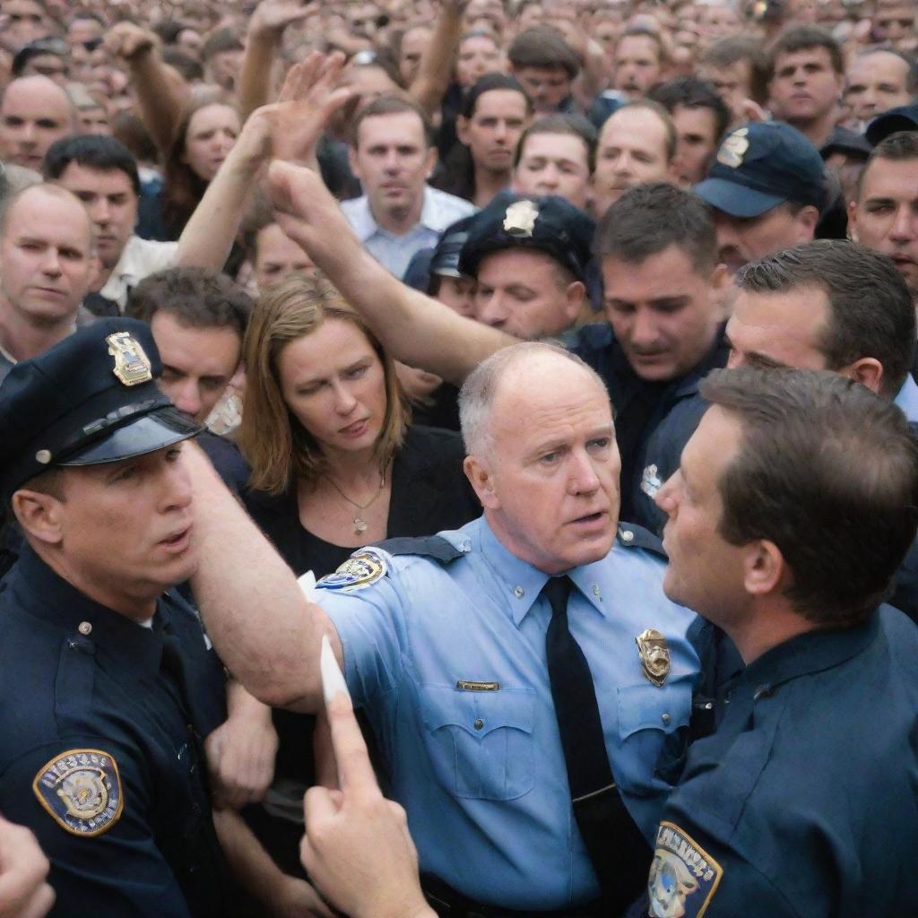 A commotion of people in a crowd fervently reaching and struggling to grab a single piece of paper, with law enforcement officers observing intently in the background.