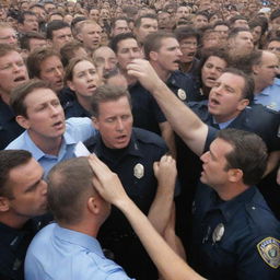 A commotion of people in a crowd fervently reaching and struggling to grab a single piece of paper, with law enforcement officers observing intently in the background.