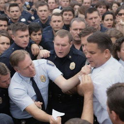 A commotion of people in a crowd fervently reaching and struggling to grab a single piece of paper, with law enforcement officers observing intently in the background.