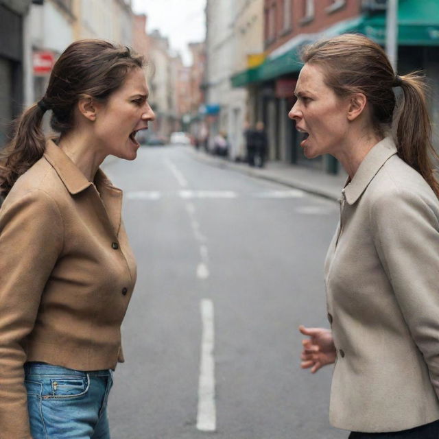 A realistic portrayal of two women in a heated exchange with clear expressions of anger and tension in a city street