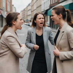 A realistic portrayal of two women in a heated exchange with clear expressions of anger and tension in a city street