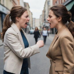 A realistic portrayal of two women in a heated exchange with clear expressions of anger and tension in a city street