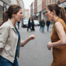 A realistic portrayal of two women in a heated exchange with clear expressions of anger and tension in a city street