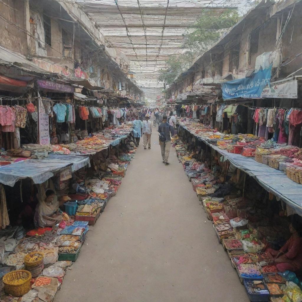 A bustling Sarojini Nagar market in Delhi, with no people in sight. Shops are filled with various items, from clothing to household goods, but the market is eerily empty.