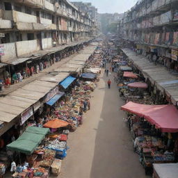 A bustling Sarojini Nagar market in Delhi, with no people in sight. Shops are filled with various items, from clothing to household goods, but the market is eerily empty.