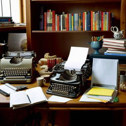 A cozy writer's room filled with books, typewriter on a wooden desk, overflowing with notes and a hot cup of coffee