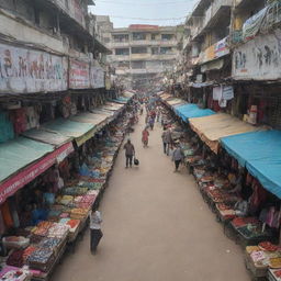 A bustling Sarojini Nagar market in Delhi, with no people in sight. Shops are filled with various items, from clothing to household goods, but the market is eerily empty.